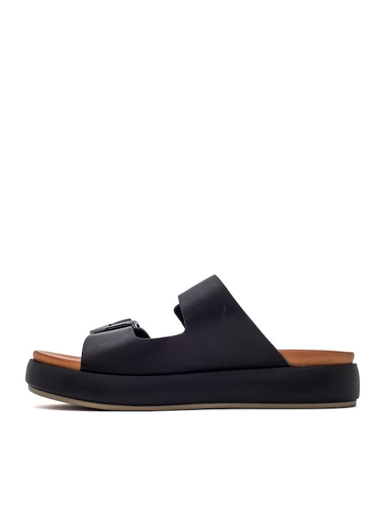 Leather Women's Flat Sandals Flatforms in Black Color