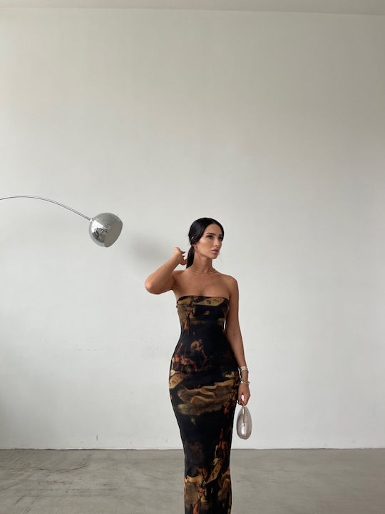 Καλοκαιρινό Maxi Βραδινό Φόρεμα Strapless με Τούλι Καφέ