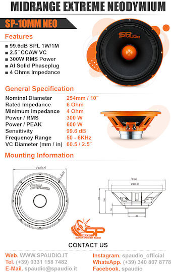 SP Audio 10MM NEO Ηχείο Αυτοκινήτου 10" με 300W RMS (Midrange)