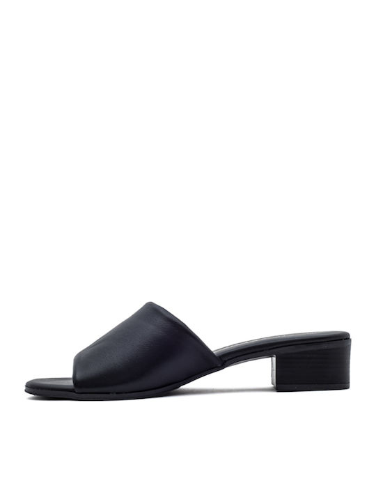 Leather Mules with Chunky Heel in Black Color