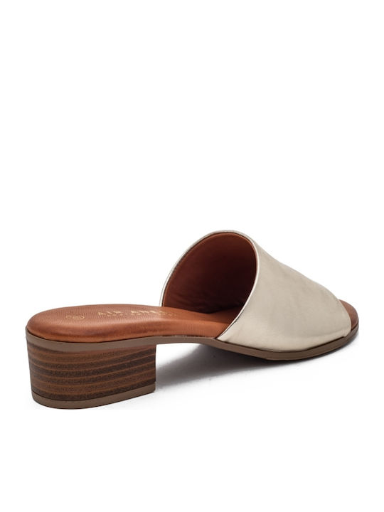 Leather Mules with Chunky Heel in Gold Color