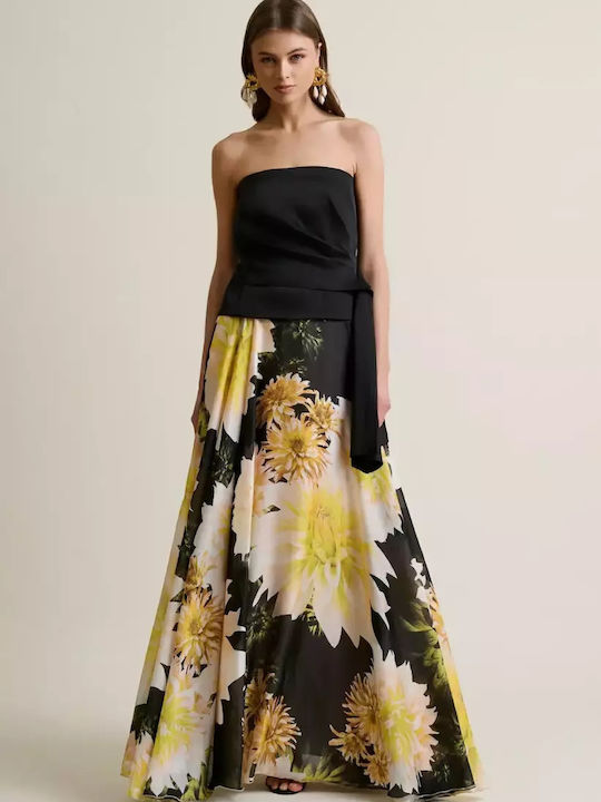 Σατέν Ψηλόμεση Maxi Φούστα Floral Κίτρινο
