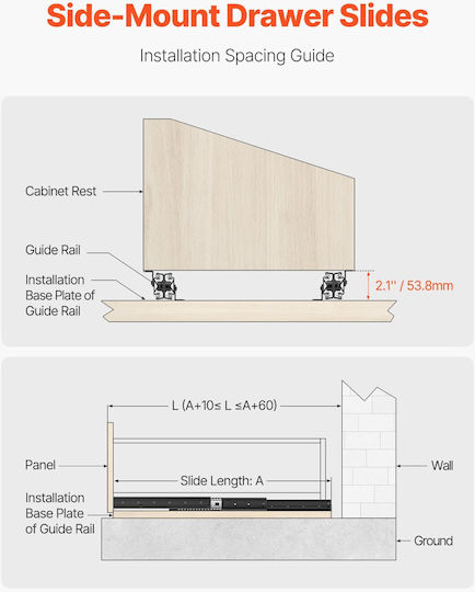 Glisiere Sertar Vevor Montare Inferioară 32 Inch Șine Dulap Trepte Inferioare Capacitate 260 Lb