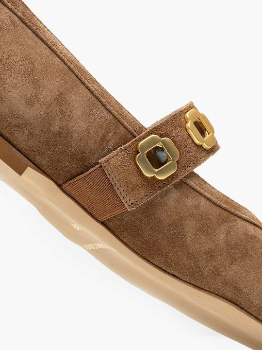 Δερμάτινες Γυναικείες Μπαλαρίνες Slingback με Λουράκι σε Ταμπά Χρώμα