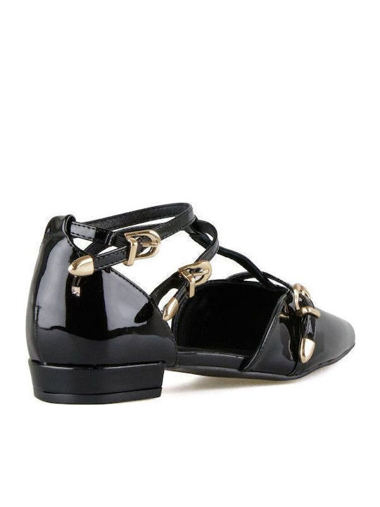 Γυναικείες Μπαλαρίνες Slingback από Λουστρίνι με Λουράκι σε Μαύρο Χρώμα