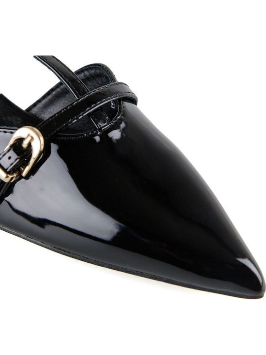 Γυναικείες Μπαλαρίνες Slingback από Λουστρίνι με Λουράκι σε Μαύρο Χρώμα
