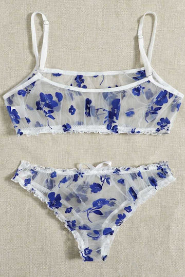 Set 2 Piese Sexy Tulle Transparent Lenjerie Imprimată cu Flori Bralette Bretele Reglabile Chiloți Albastru
