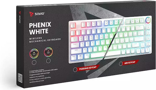 Savio Phenix Yellow Pudding Wireless Gaming Mechanical Keyboard 75% with Gateron Yellow Pro switches and RGB lighting (English US) White
