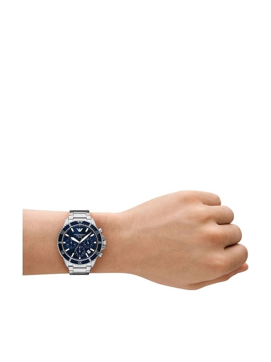 Emporio Armani Ανδρικό Ρολόι 43mm Χρονογράφος Solar με Ασημί Μεταλλικό Μπρασελέ