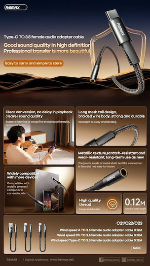 Remax Μετατροπέας USB-C male σε 3.5mm female Γκρι 1τμχ