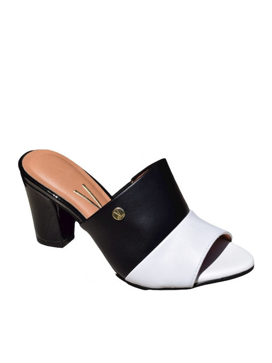 Leather Mules with Chunky High Heel White / Black