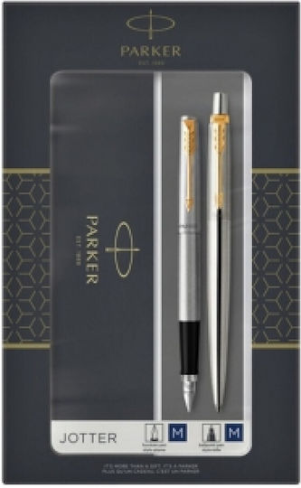 Parker Jotter Pen Set Ballpoint with Fountain Pen made of Steel Silver in a case (in a paper cassette)