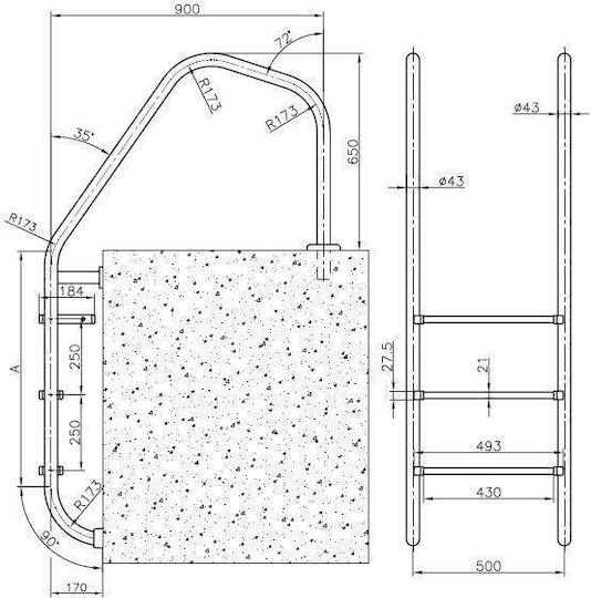 Kripsol Overflow Σκάλα Πισίνας από Ανοξείδωτο Ατσάλι 94.6x50εκ.
