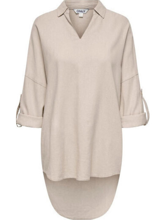 Women's Summer Blouse Linen Long Sleeve Beige