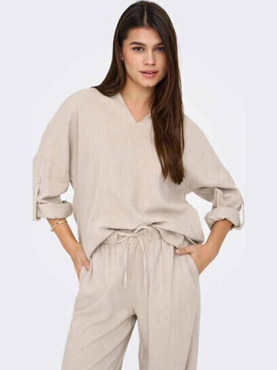 Women's Summer Blouse Linen Long Sleeve Beige