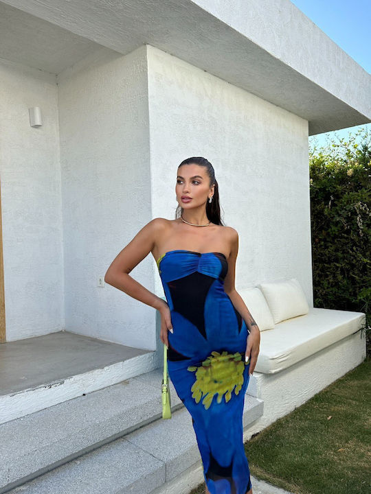 Summer Midi Dress for Wedding - Christening Strapless Blue