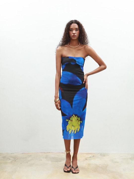 Summer Midi Dress for Wedding - Christening Strapless Blue