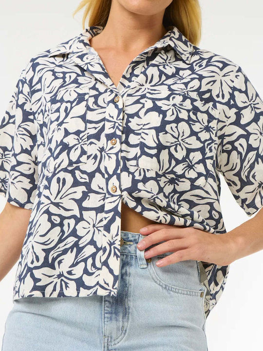 Women's Linen Short Sleeve Shirt Navy