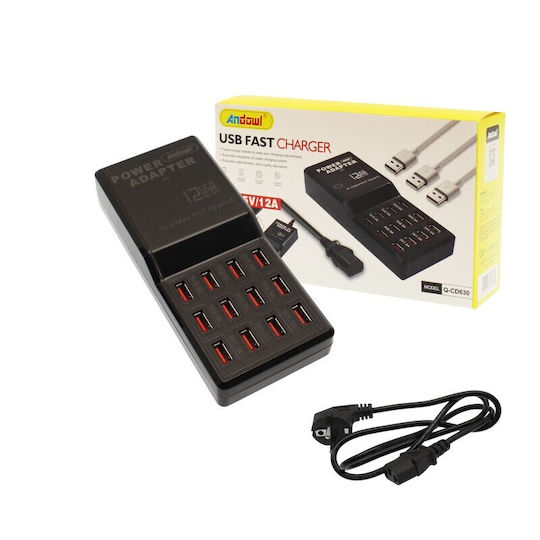 Andowl Charger with 12 USB-A Ports 60W Blacks (Q-CD360)