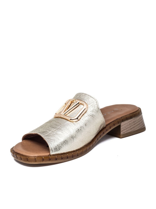 Leather Mules with Chunky Heel in Gold Color