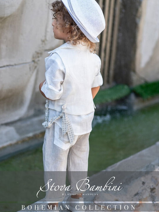 Stova Bambini Βαπτιστικό Κοστούμι με Γιλέκο για Αγόρι Λινό Λευκό 6τμχ