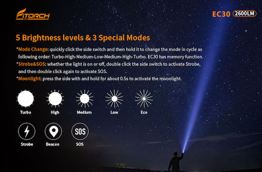 Fitorch Rechargeable Flashlight LED IPX8 with Maximum Brightness 2600lm EC30 Black