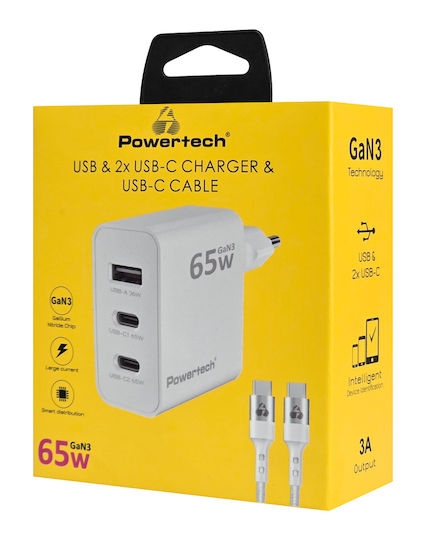 Powertech Φορτιστής GaN με Θύρα USB-A και 2 Θύρες USB-C και Καλώδιο USB-C - USB-C 65W Λευκός (PT-1378)
