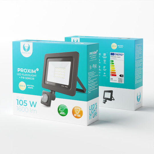 Forever Light Proxim II Αδιάβροχος LED Προβολέας 20W Неутрално бяло 4500К με Αισθητήρας Κίνησης IP66