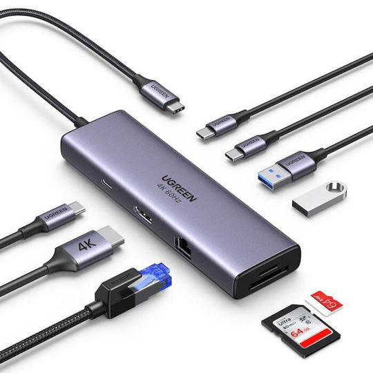 Ugreen CM498 USB-C Docking Station με HDMI 4K PD Ethernet Γκρι
