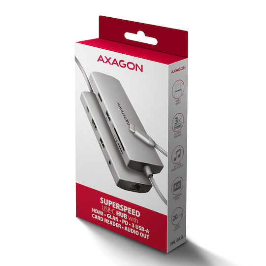 Axagon USB-C Docking Station mit HDMI 4K PD Ethernet Silber (HMC-8HLSA)