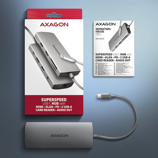 Axagon USB-C Docking Station mit HDMI 4K PD Ethernet Silber (HMC-8HLSA)