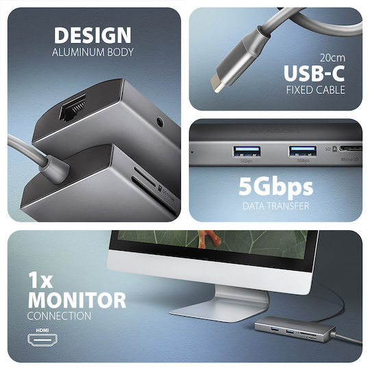 Axagon USB-C Docking Station mit HDMI 4K PD Ethernet Silber (HMC-8HLSA)