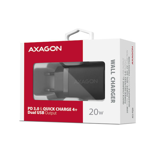 Axagon Charger Without Cable with USB-A Port and USB-C Port 20W Power Delivery / Quick Charge 2.0 / Quick Charge 3.0 / Quick Charge 4+ Blacks (ΑCU-ΡQ20)
