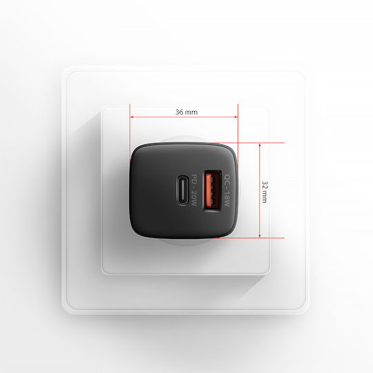 Axagon Charger Without Cable with USB-A Port and USB-C Port 20W Power Delivery / Quick Charge 2.0 / Quick Charge 3.0 / Quick Charge 4+ Blacks (ΑCU-ΡQ20)