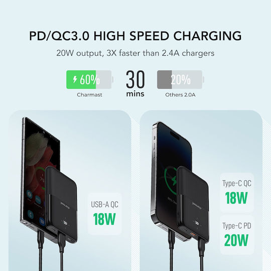 Charmast W1150 S12W Power Bank 10000mAh 20W με Θύρα USB-A και Θύρα USB-C Λευκό