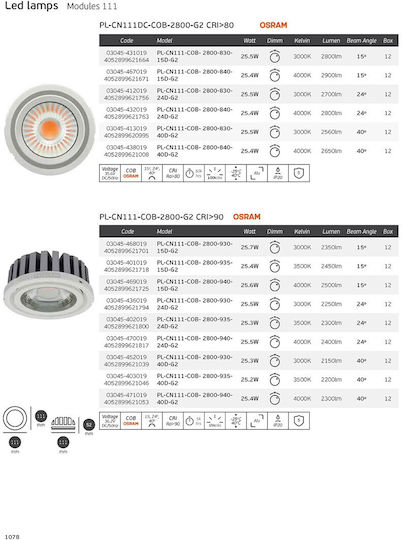 Module Led 111 Osram 25.4w 4000k 2650lm 40° Cri>80 Dimmable Pl-cn111-cob 2800-840-40d-g2 03045-438019