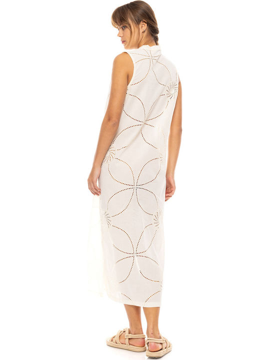 Damen Strandkleid Pink Label Weißes Midikleid Normale Passform Baumwolle
