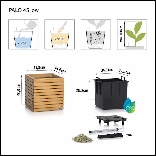 Lechuza Palo Natural Wood Low 45 Floor Planter 44x44x46cm Self-Watering Eucalyptus Natural Wood Container