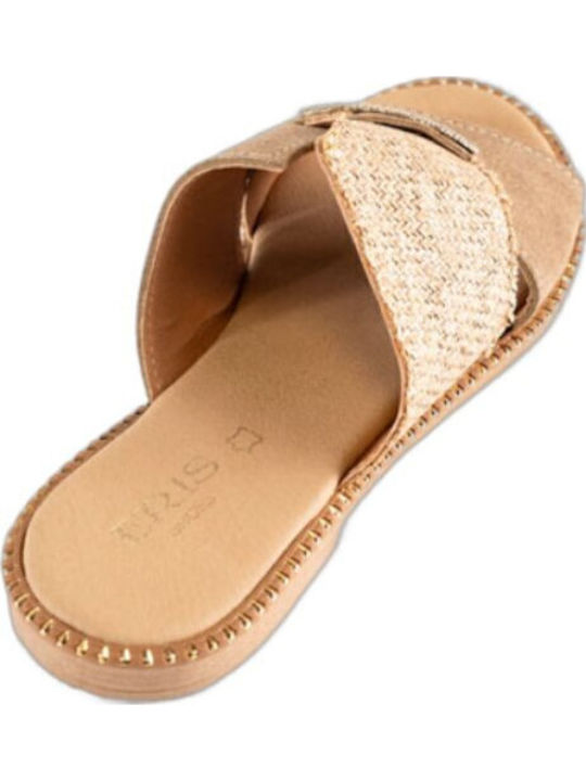 Leather Women's Flat Sandals in Beige Color