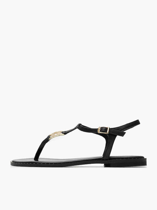 Leather Women's Flat Sandals in Black Color