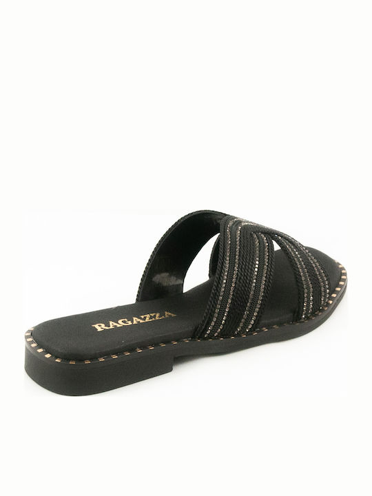 Leather Women's Flat Sandals in Black Color