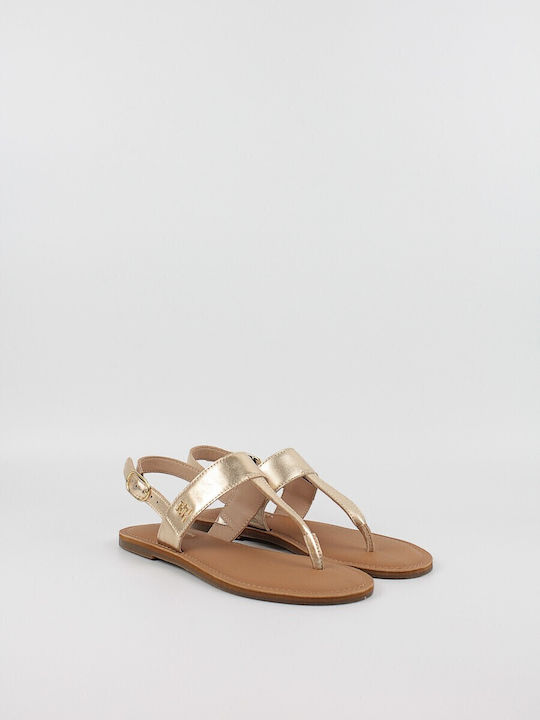 Leather Women's Flat Sandals with Strap in Gold Color