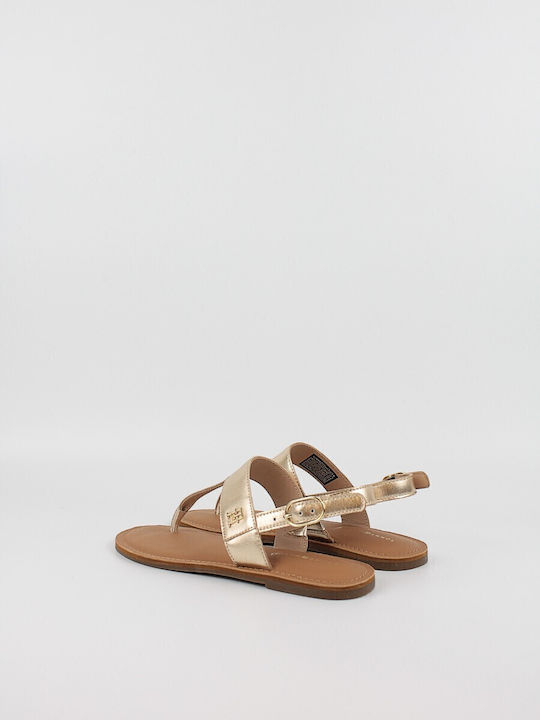 Leather Women's Flat Sandals with Strap in Gold Color