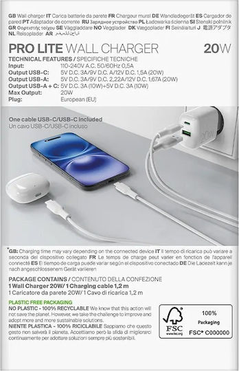 Puro Φορτιστής με Θύρα USB-A και Θύρα USB-C και Καλώδιο USB-C - USB-C 20W Λευκός (Prolite)