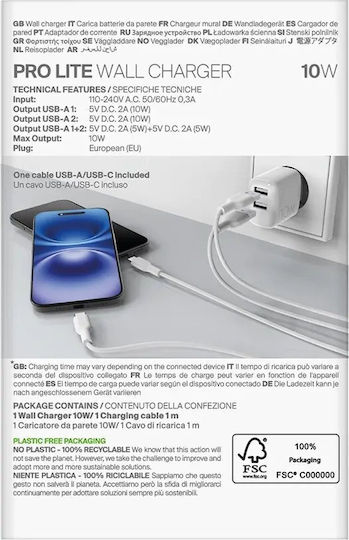 Puro Ladegerät mit 2 USB-A Anschlüsse und Kabel USB-C 10W Weißs (Prolite)