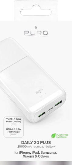 Puro Daily 20 Plus Power Bank 20000mAh 22.5W με 2 Θύρες USB-A και Θύρα USB-C Power Delivery Λευκό
