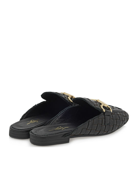 Flat Leather Mules in Black Color