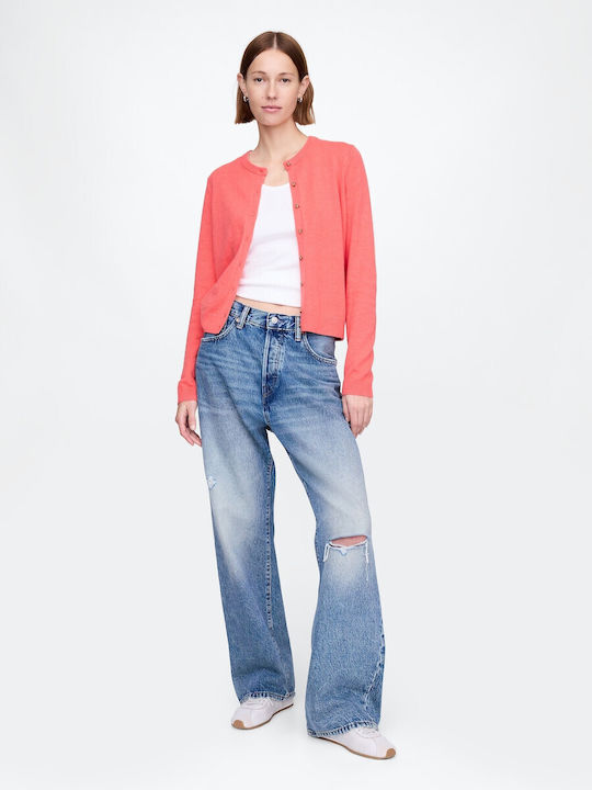 Lange Gestrickte Damen Strickjacke mit Knöpfen Korallenrosa