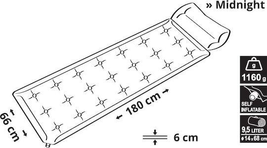 Cattara Midnight Αυτοφούσκωτο Ημίδιπλο Υπόστρωμα Camping 188x66cm Πάχους 6cm Γκρι