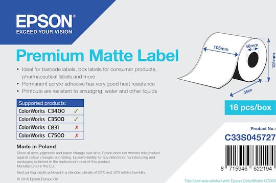 Epson Premium Matte Ταινία Ετικετογράφου 35m x 105mm σε Λευκό Χρώμα